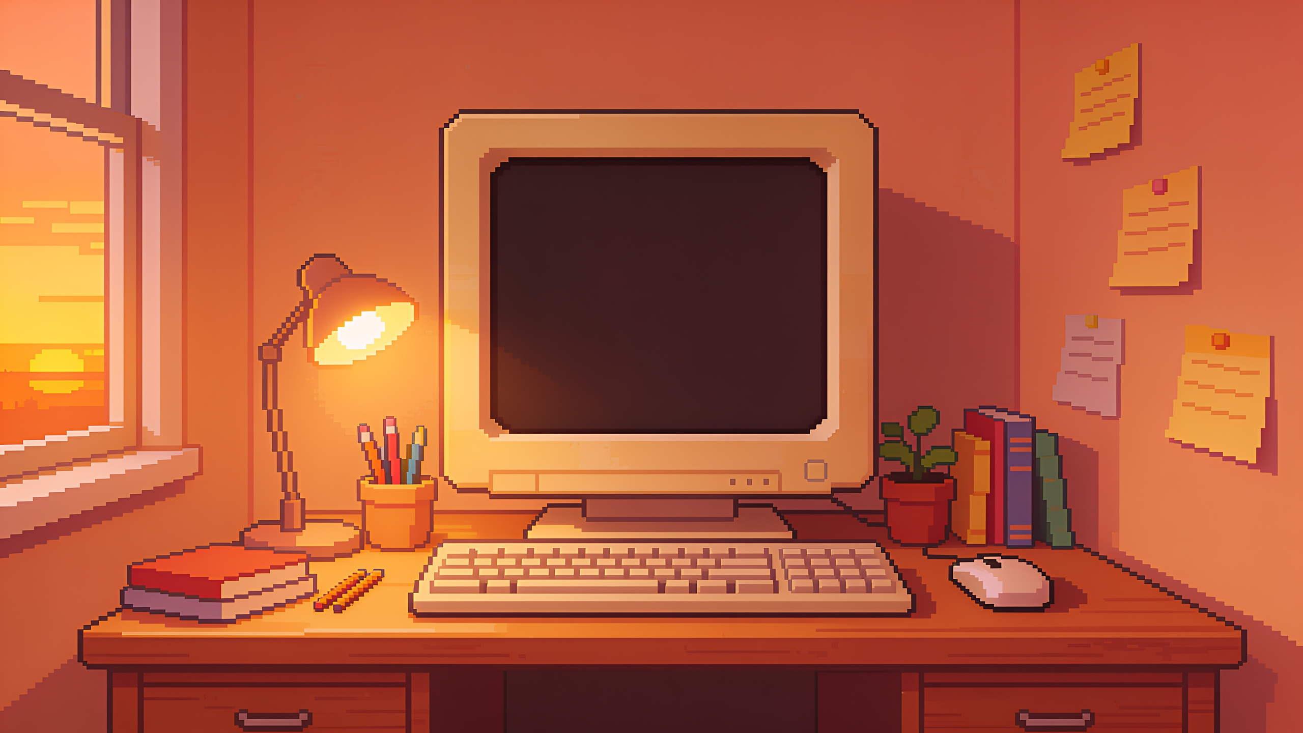 Un vieil ordinateur allumé sur un bureau au coucher du soleil